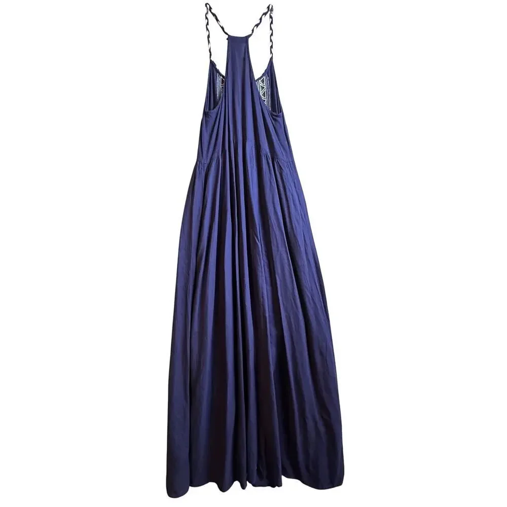 Pull & Bear Navy Embroidered Maxi Dress Boho Racerback Sleeveless Small